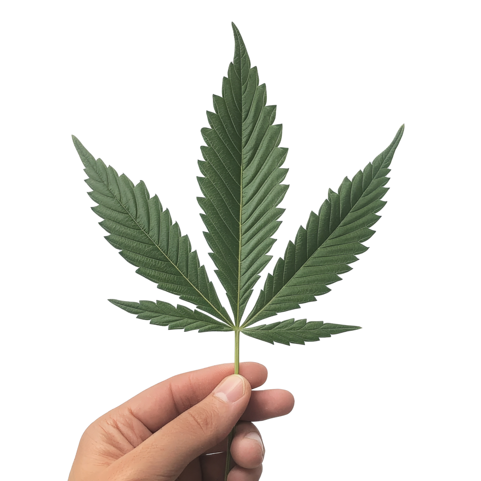 Person holding a cannabis leaf against a plain transparent background in natural light, Holding cannabis or hemp leaf on a transparent background png
