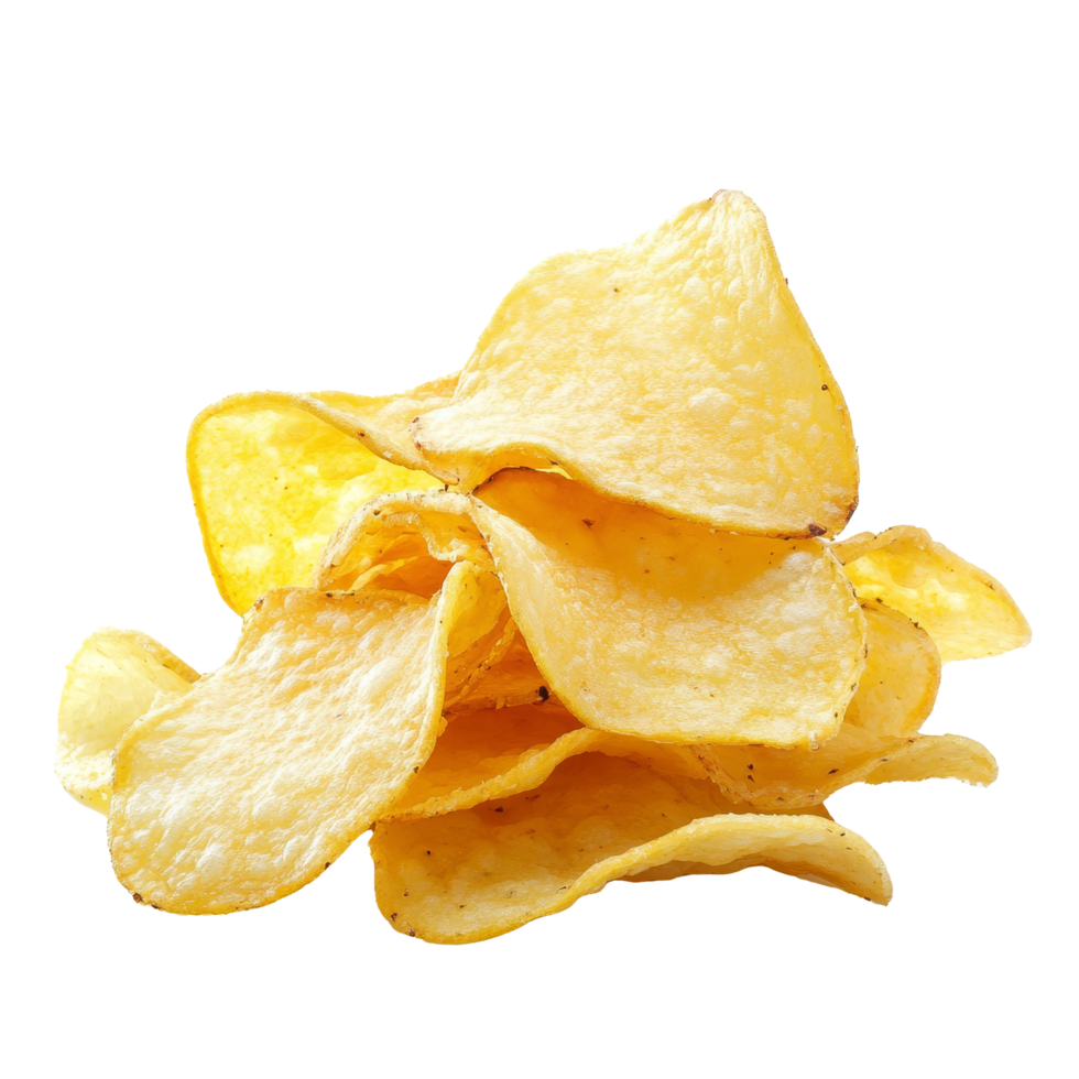 Crispy potato chips arranged in a casual stack on a plain background suitable for snacking or party sharing, Potato chips isolated png