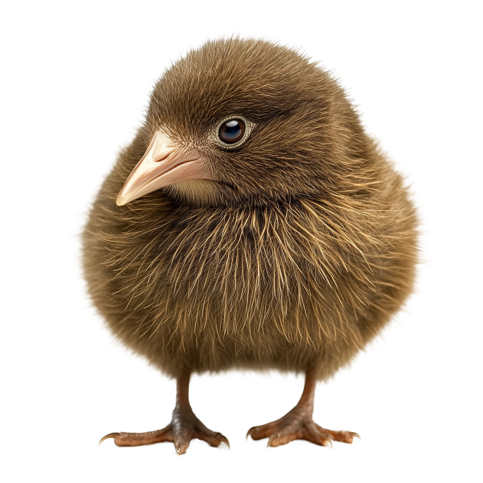 A young kiwi bird standing on a clean transparent background in natural light, showcasing its unique fluffy plumage, kiwi dried on transparent background png
