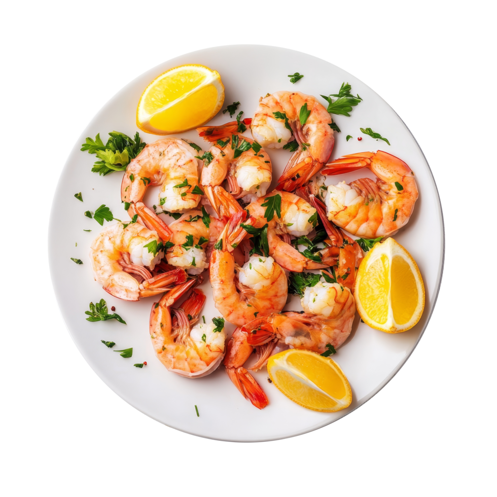 Freshly boiled shrimp served with lemon wedges and garnished with parsley on a clean background, boiled shrimp on transparent background png