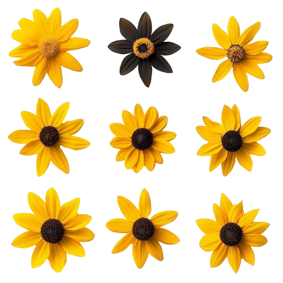 Top view of various black-eyed susans showcasing their vibrant blooms in a natural setting, various black eyed susan single flower top view and with isolated on transparent background png