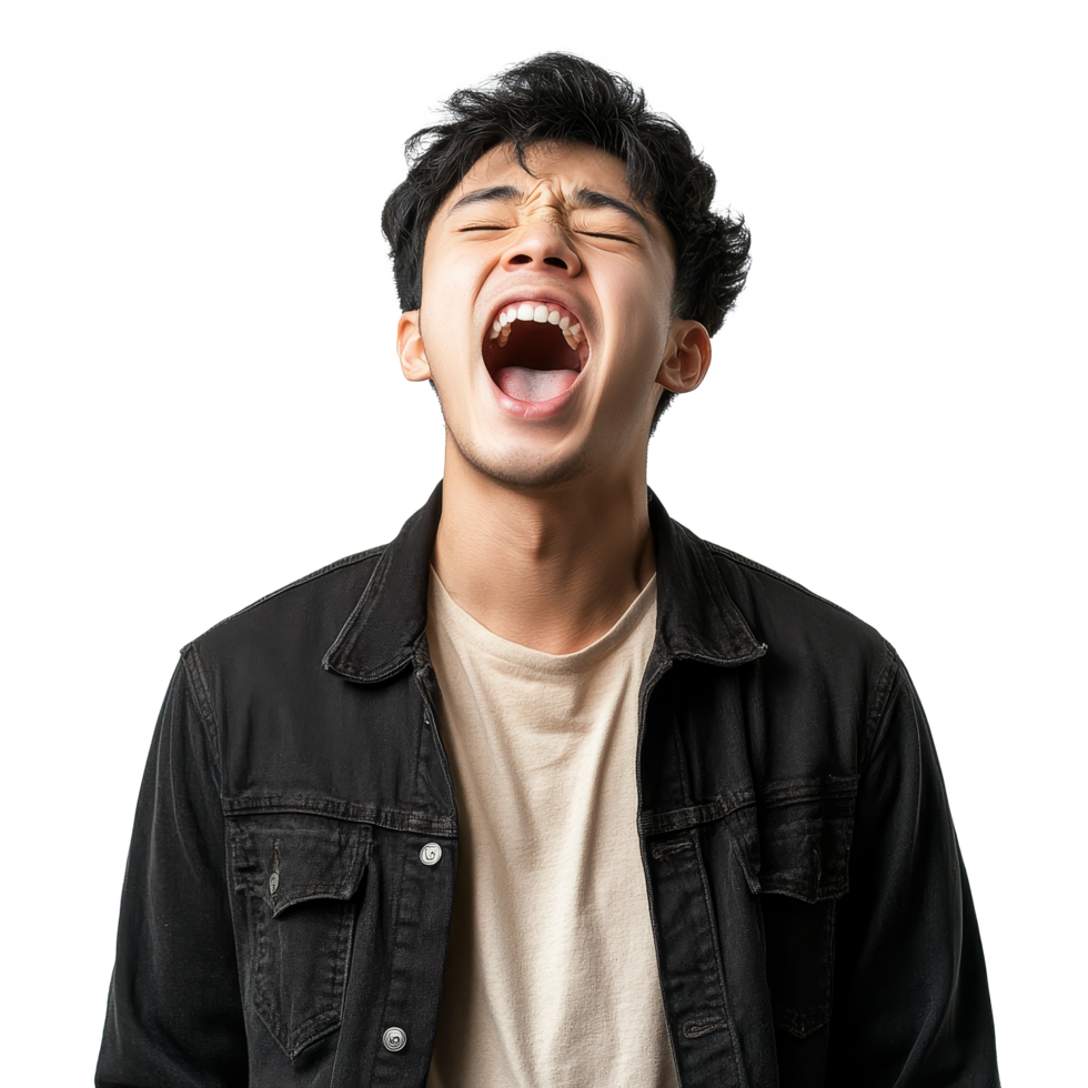 Young Asian man joyfully shouting with excitement against a plain transparent backdrop, Happy handsome young Asian man shouting isolated transparent background png