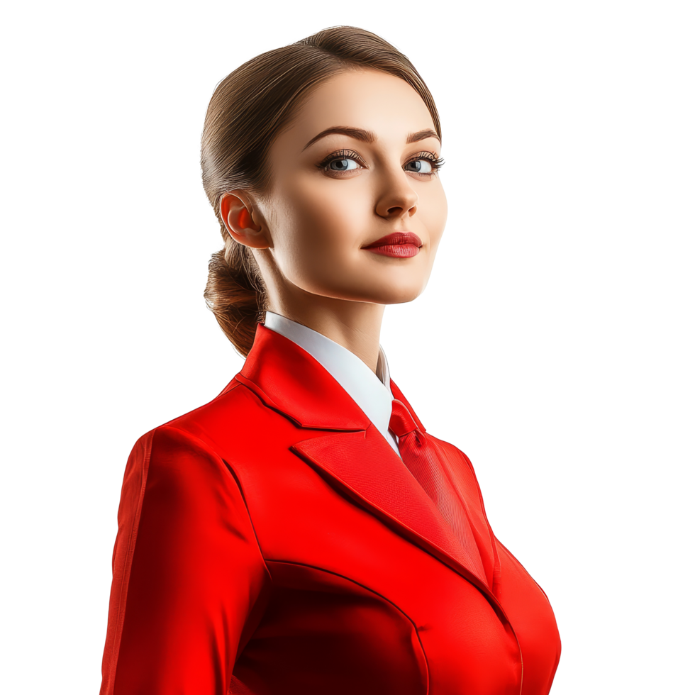 A professional flight attendant in a red uniform posing against a transparent background, showcasing dedication to service, Woman flight attendant on transparent background png