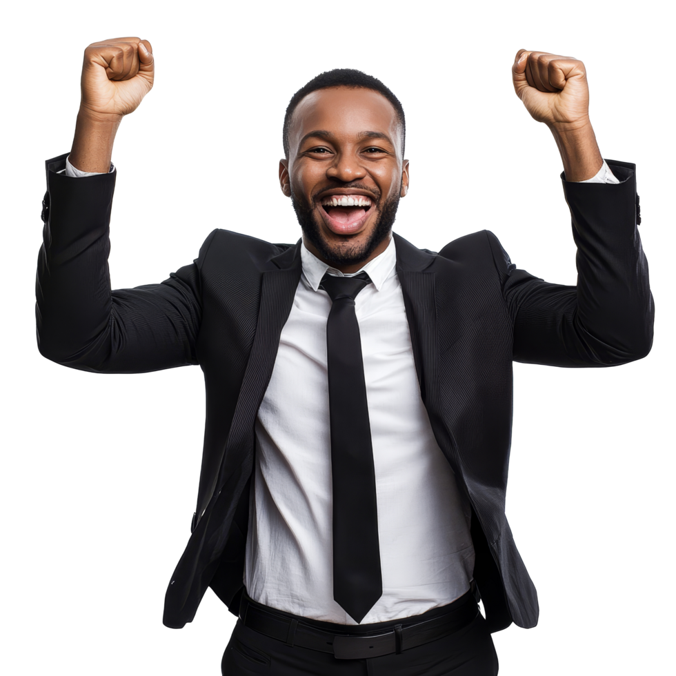 Cheerful businessman celebrating success with joyful expressions and raised arms in a professional setting, PNG file no background Cheerful businessman celebrating with hands up