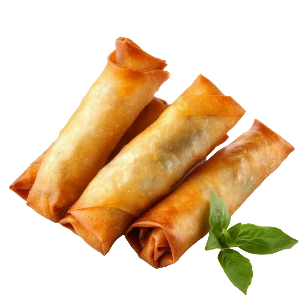 Deliciously fried traditional Chinese spring rolls served fresh with herbs on a clean transparent background, Fried Chinese Traditional Spring rolls food isolated on transparent background png