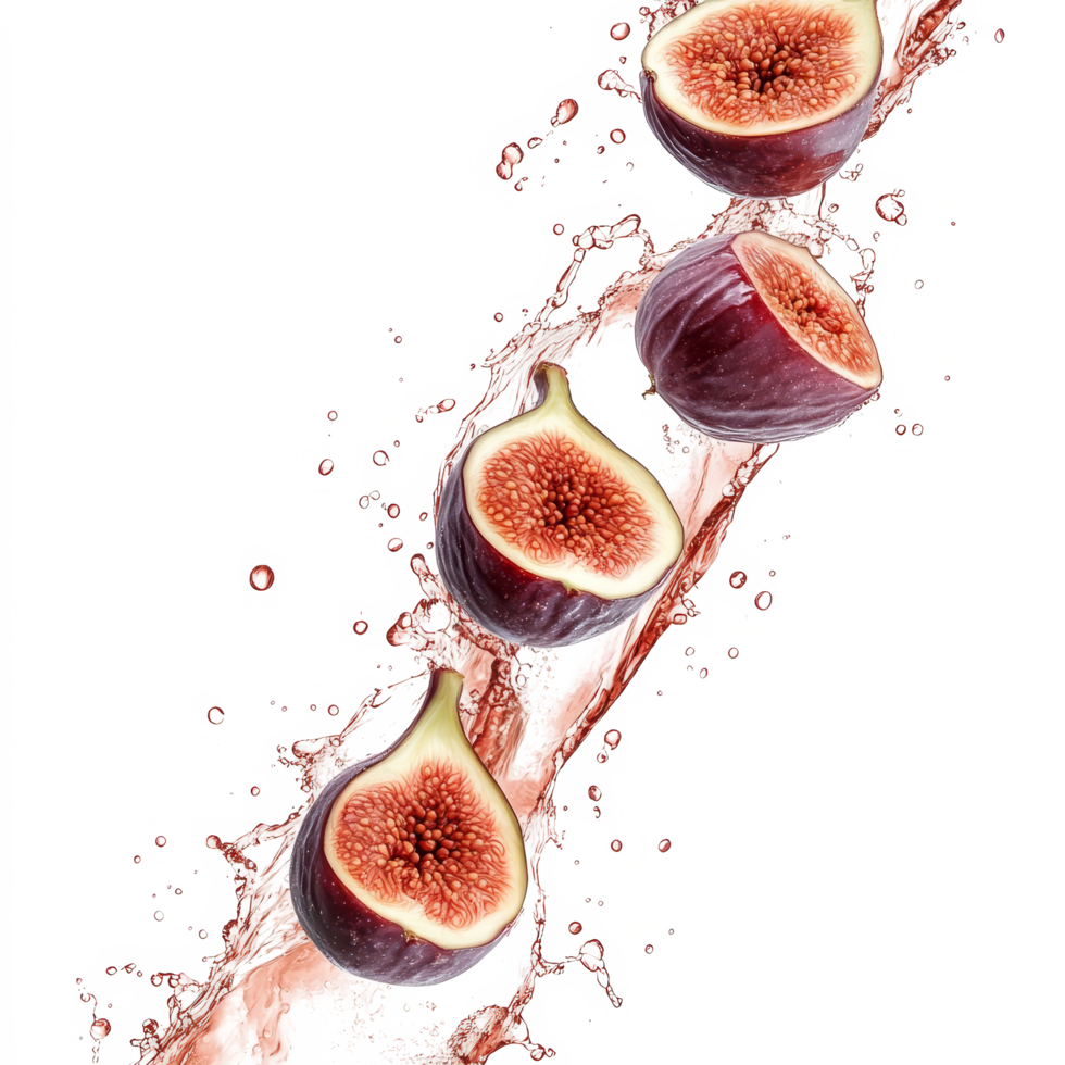 Fresh organic figs splashing into water create a lively scene full of natural sweetness and vibrant colors, Fresh organic fig vine with juice splash on transparent background. Fig vine transparent background png