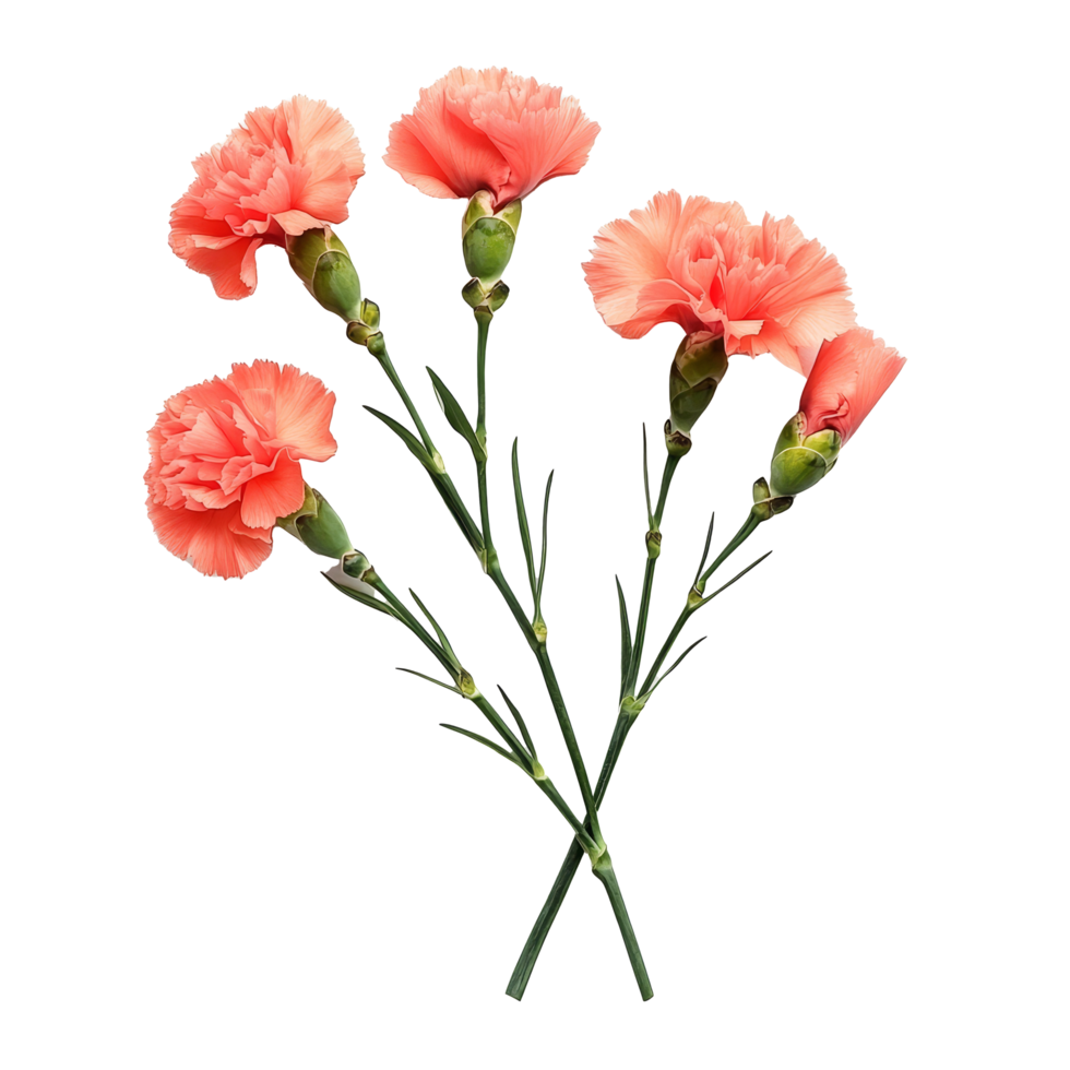 Fresh carnation flowers in soft coral hues arranged artistically against a clean transparent background, of Carnation flowers isolated on transparent background png