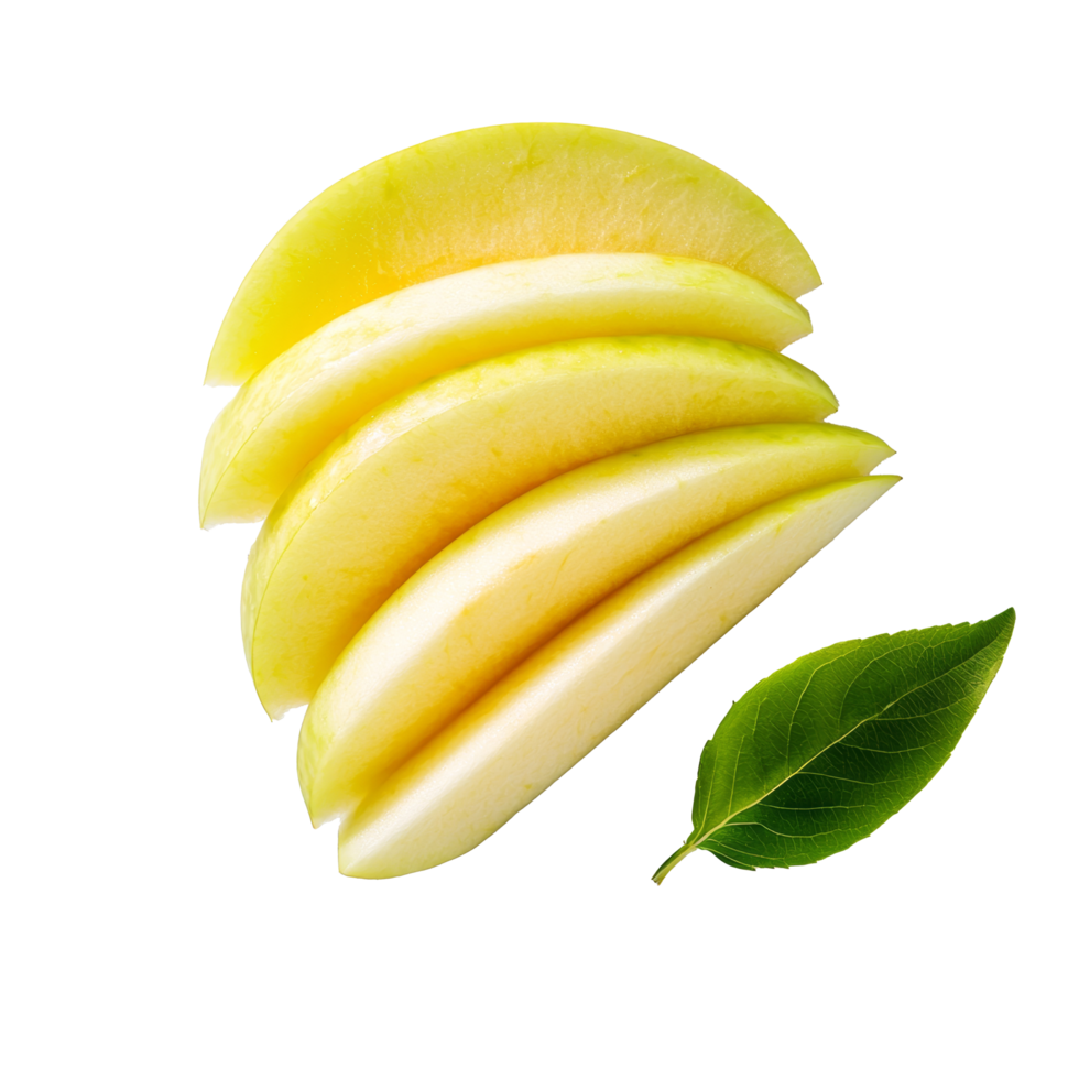 Sliced apple melon displayed on a clean transparent background with fresh green leaf accent, sliced apple melon on transparent background png