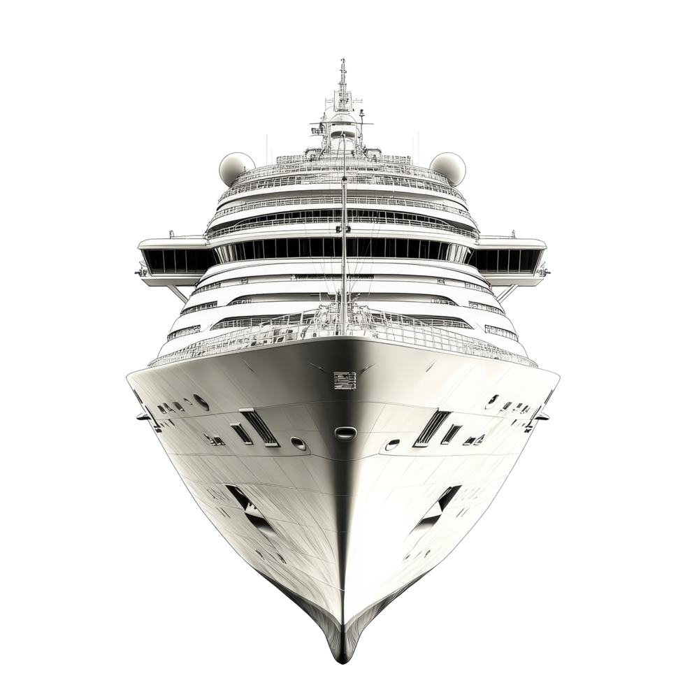 A majestic cruise ship viewed from the front against a stark transparent backdrop, highlighting its elegant design and structure, cruise ship isolated transparent background png