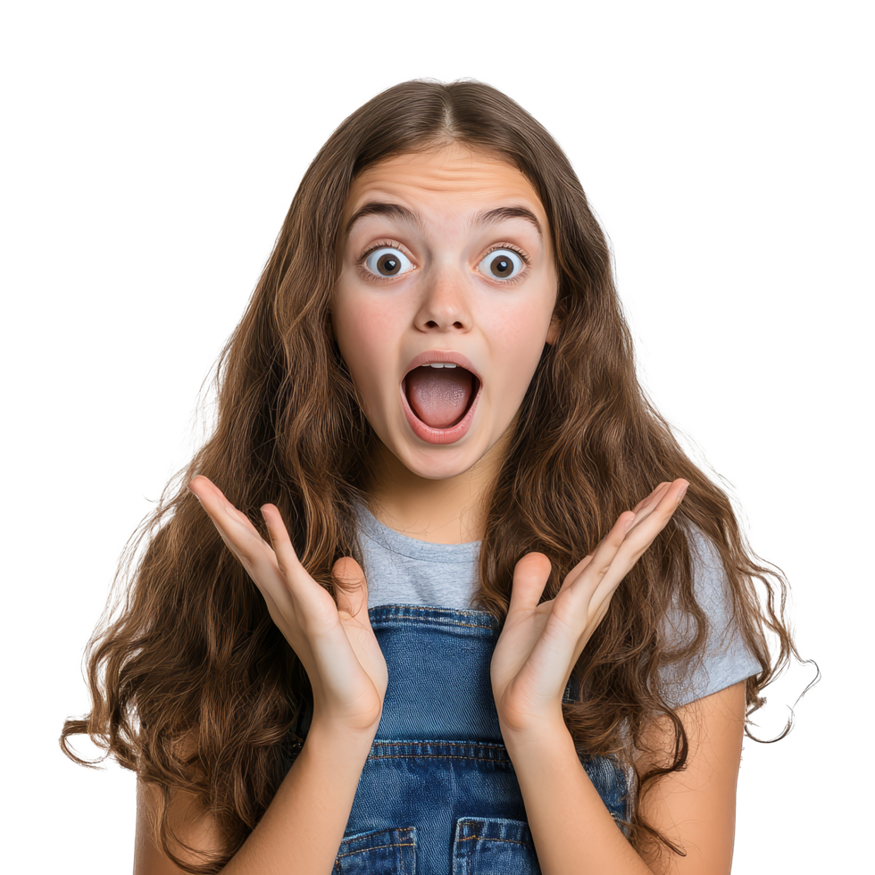 Surprised and joyful teenage girl expressing excitement with her hands raised isolated on a bright background, surprised joyful teenager girl, file of isolated object on transparent background png