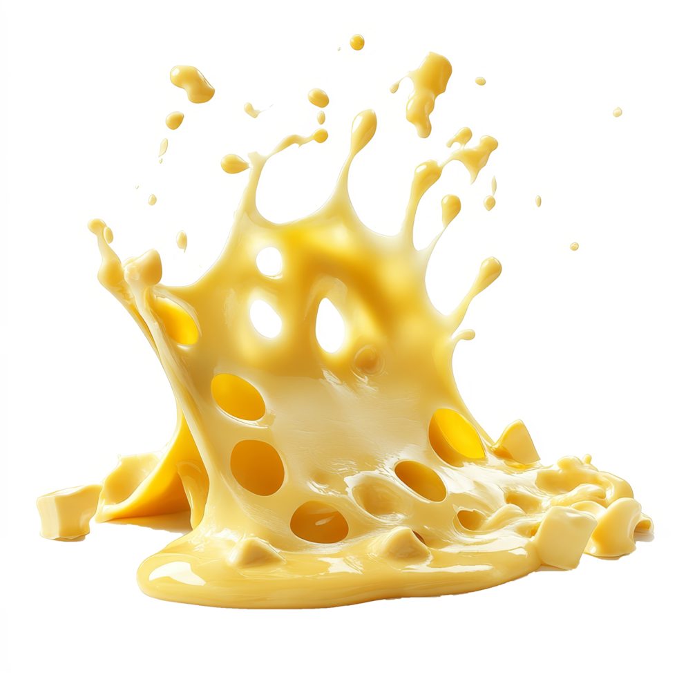 Delicious melted cheese splashes on a bright transparent background, capturing the essence of cheesy indulgence, Melted cheese splash on transparent background png