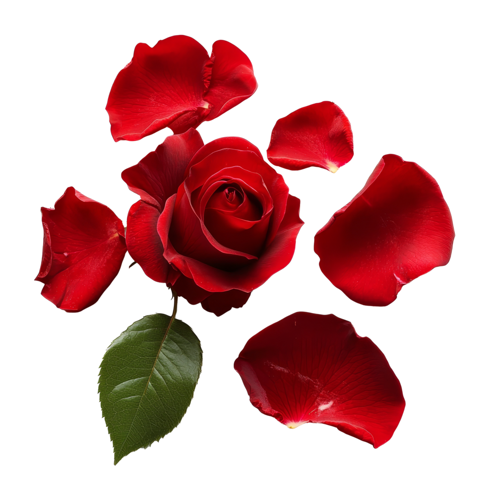Delicate red rose with petals and leaf on a pristine transparent background in a serene indoor setting, red rose petals with leaf on transparent background png