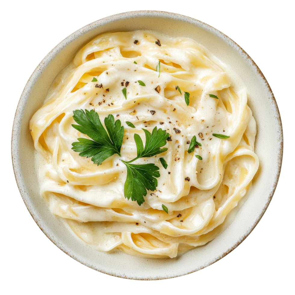 Delicious bowl of fettuccini alfredo garnished with fresh parsley from a top view, a bowl of fettucini alfredo with garnish, top view, isolated transparent background png