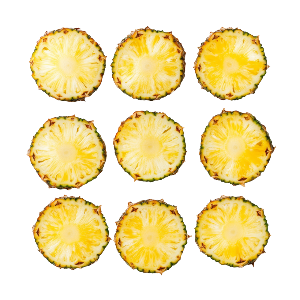 Freshly sliced pineapple pieces arranged in an even pattern on a transparent background for a vibrant and healthy display, Slices of fresh pineapple png