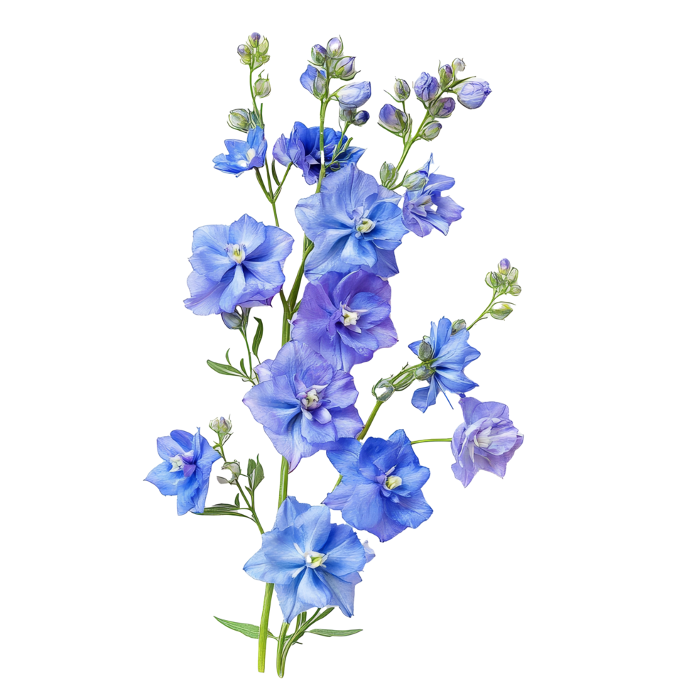 Delphinium flowers in varying shades of blue gently arranged on a soft transparent background for an elegant display, of Delphinium flowers isolated on transparent background png