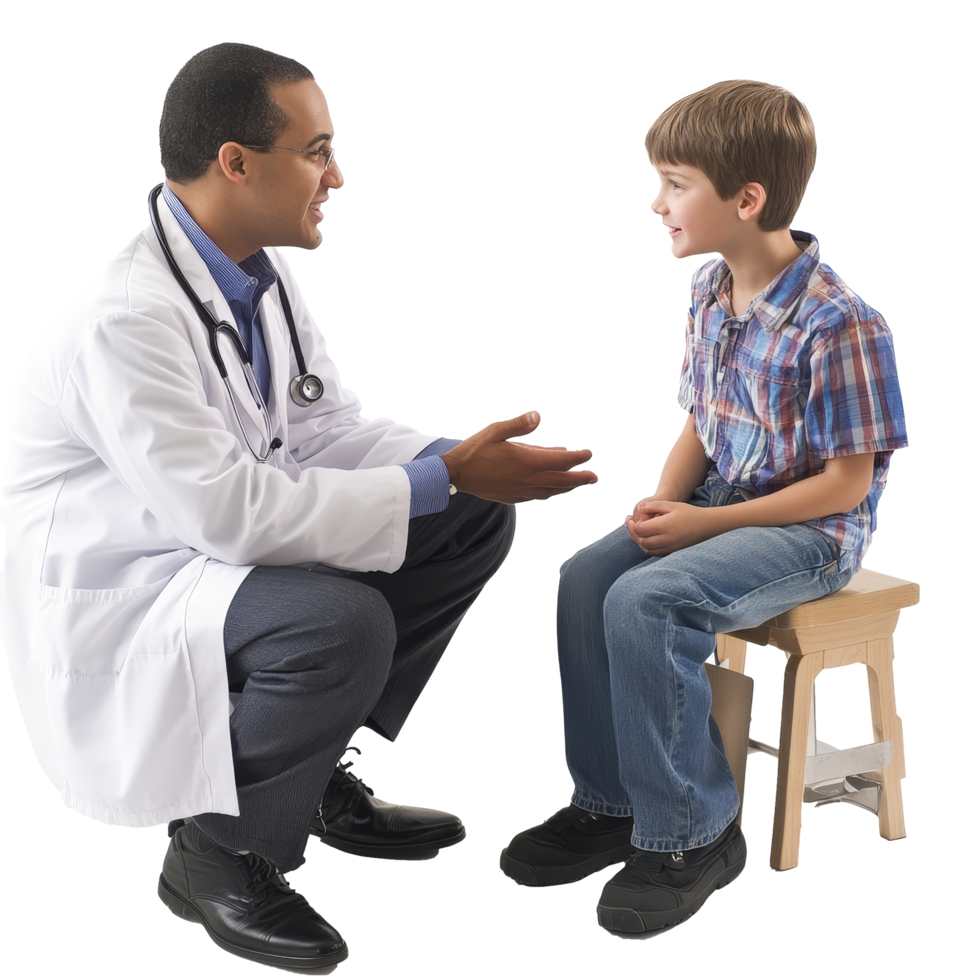 Doctor interacts with a young patient during a consult in a clinical setting, PNG file no background Doctor meeting a young patient