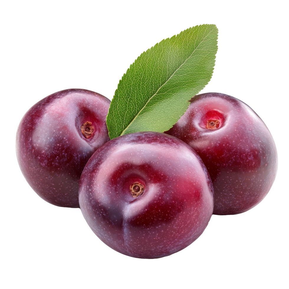 Fresh cherry plums with green leaf isolated on a transparent background showcasing their vibrant color and natural beauty, Cherry plum isolated on transparent background png