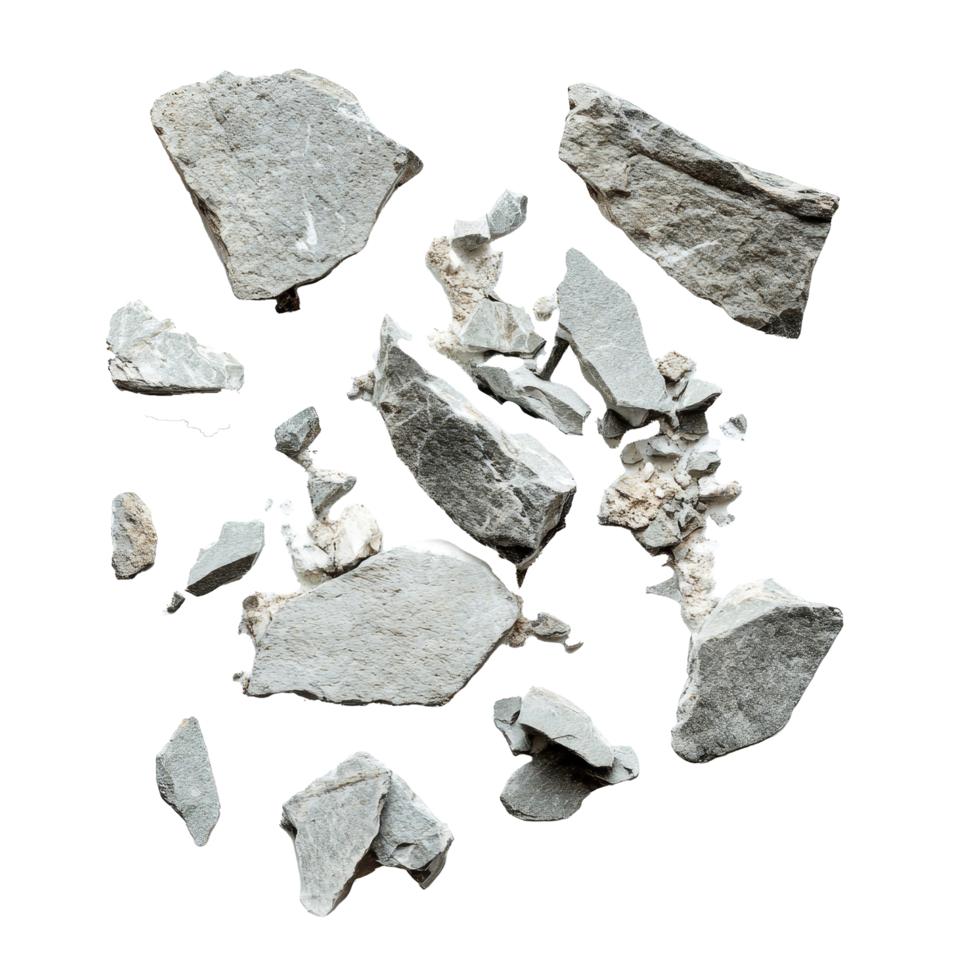 Broken stone pieces scattered on a transparent background showcasing a unique transparent-like texture, Broken stone on a transparent background. Stone transparent background png