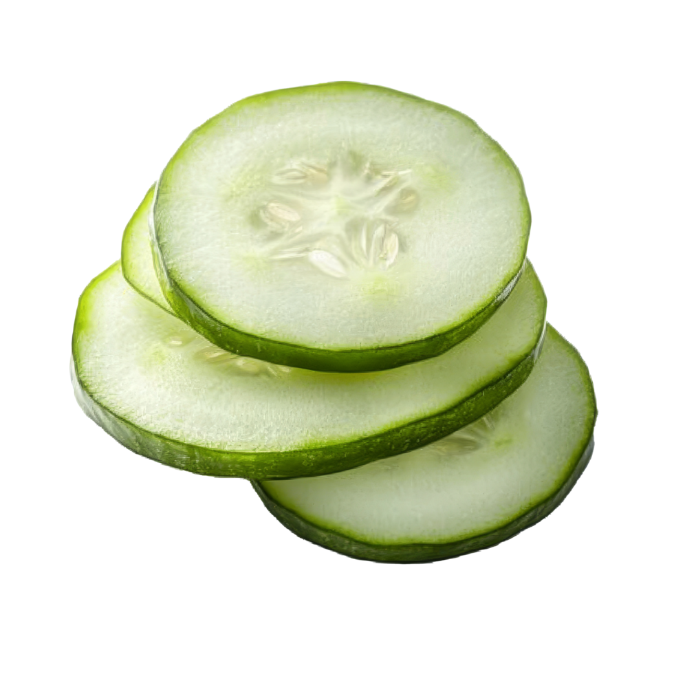 Fresh juicy cucumber slices stacked neatly on a transparent background showcasing their crisp texture and vibrant color, fresh juicy slice cucumber on transparent background png