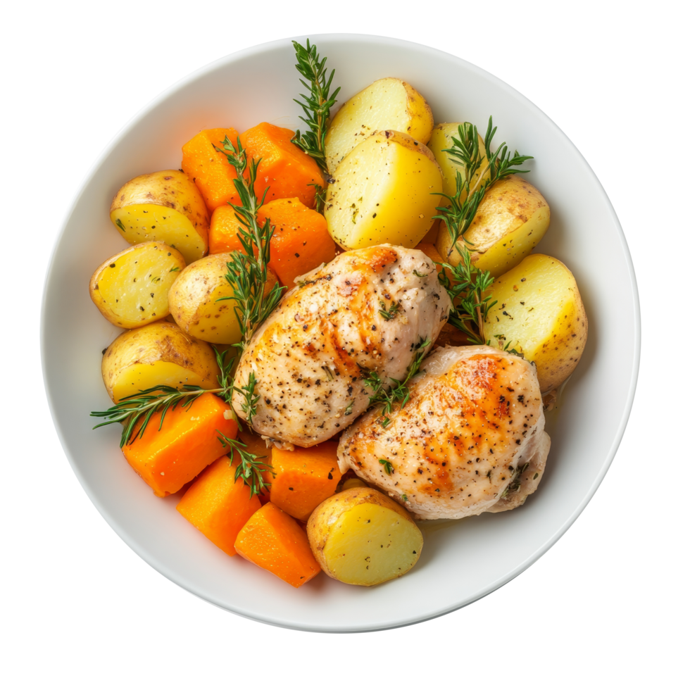 A nutritious meal with roasted chicken, carrots, and potatoes served on a transparent plate, Healthy meal with carrot, potatoes and chicken on transparent background png