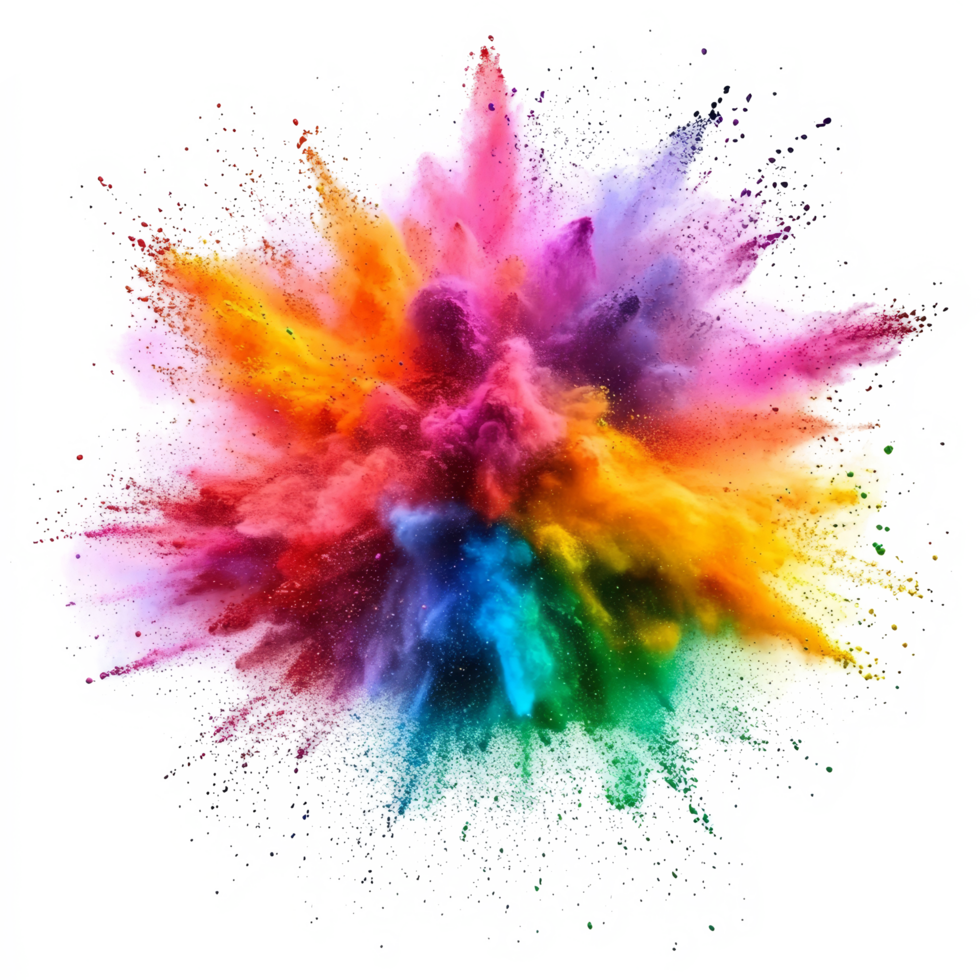 A vibrant explosion of colorful Holi paint powder in shades of rainbow splashing in a bright backdrop, Colorful rainbow holi paint splash, color powder explosion, AI generated image png
