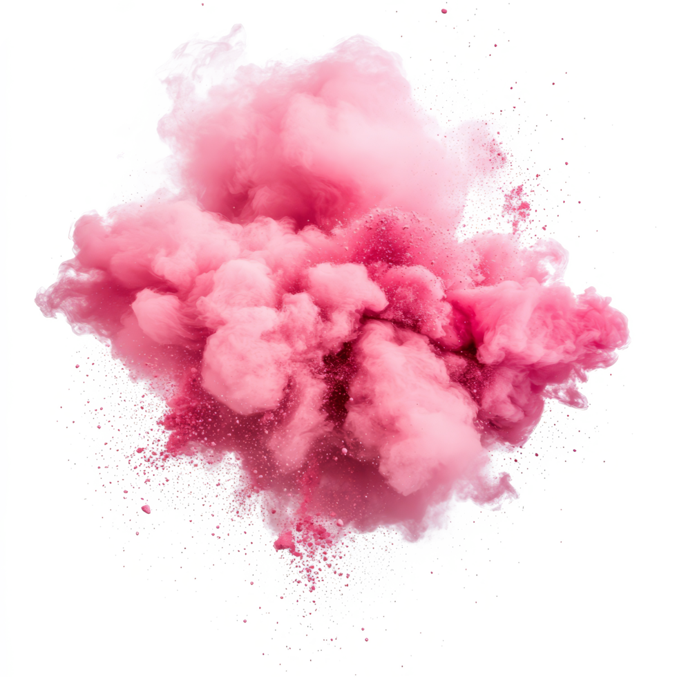 A vibrant explosion of pink smoke fills the air, creating a stunning visual display in an artistic environment, Colorful pink smoke paint explosion, color fume powder splash on transparent background png