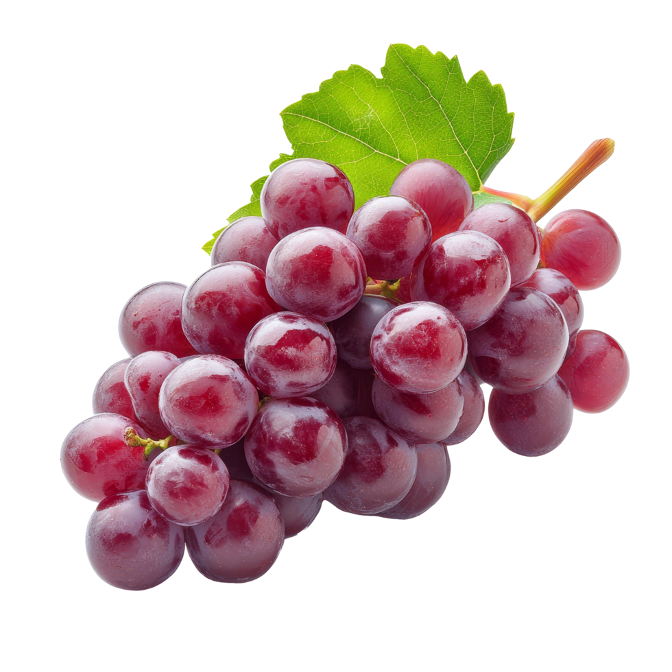 Ripe red grapes with green leaves displayed against a clean transparent background, showcasing their freshness and juiciness, Ripe red grape isolated on transparent background png