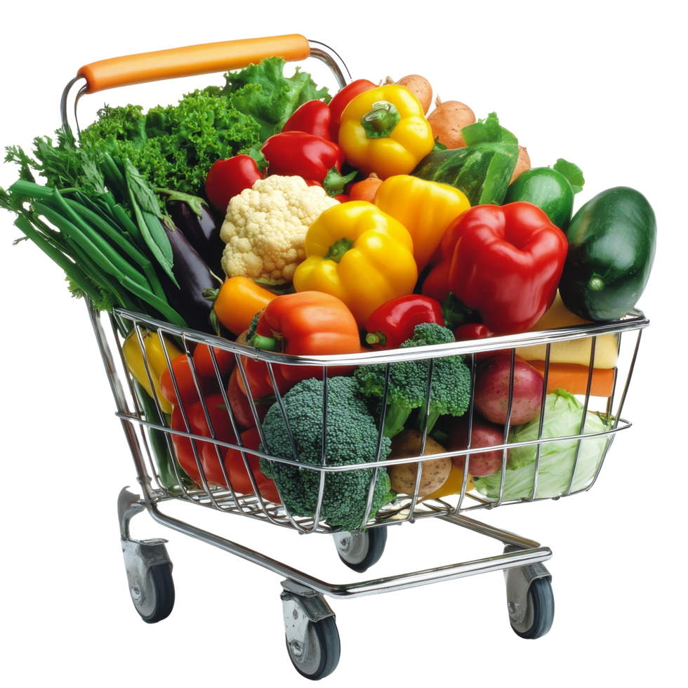 A vibrant shopping cart overflowing with fresh vegetables at a local market during a sunny afternoon, Shopping cart full of fresh vegetables png