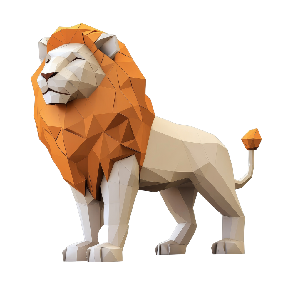 A vibrant low poly papercraft lion standing proudly in a clean, minimalist setting, Lion Low Poly Papercraft 3d rendering isolated on transparent background png