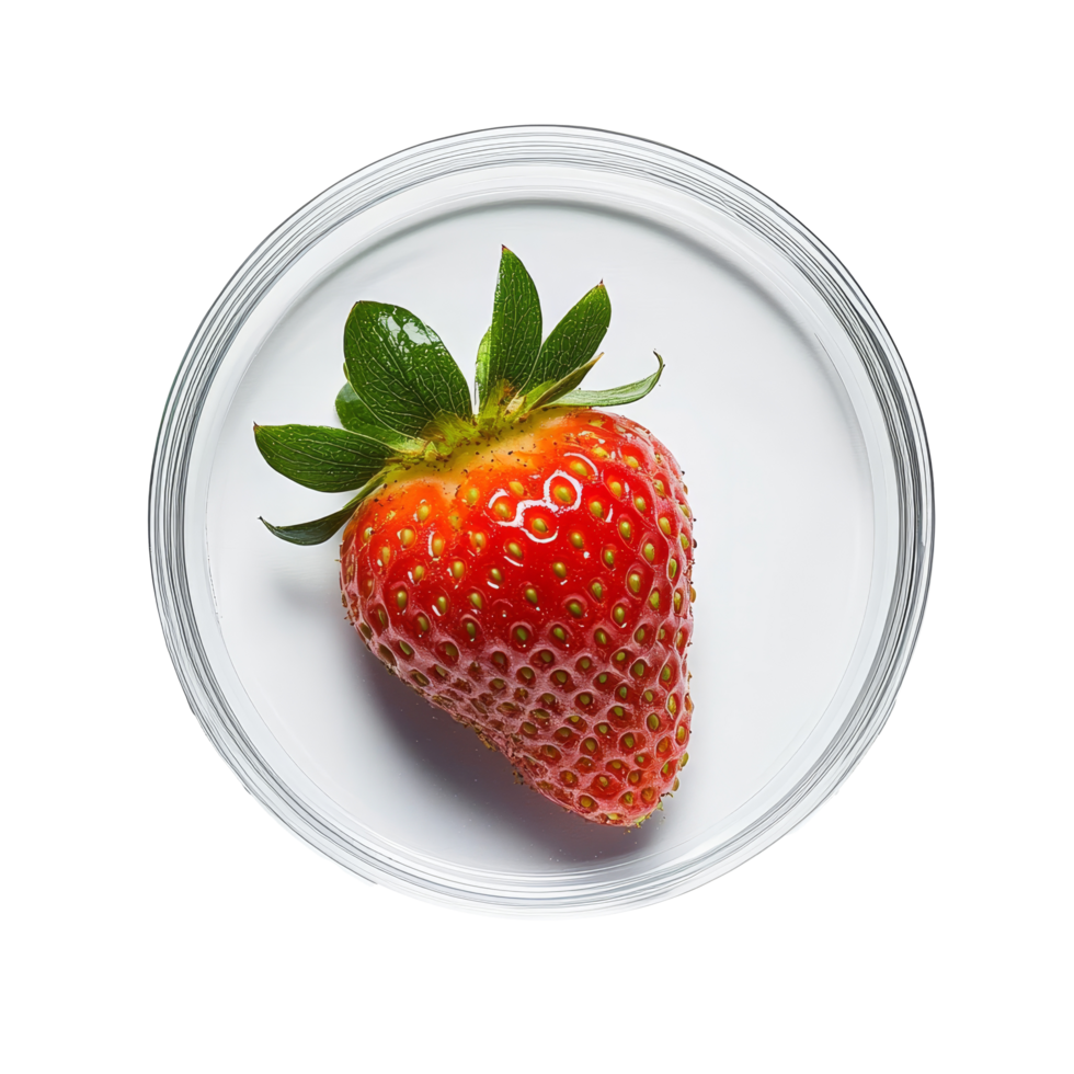Fresh strawberry placed on a petri dish, showcasing its vibrant essence in a laboratory setting, Fresh strawberry with essence on petri dish over transparent background png