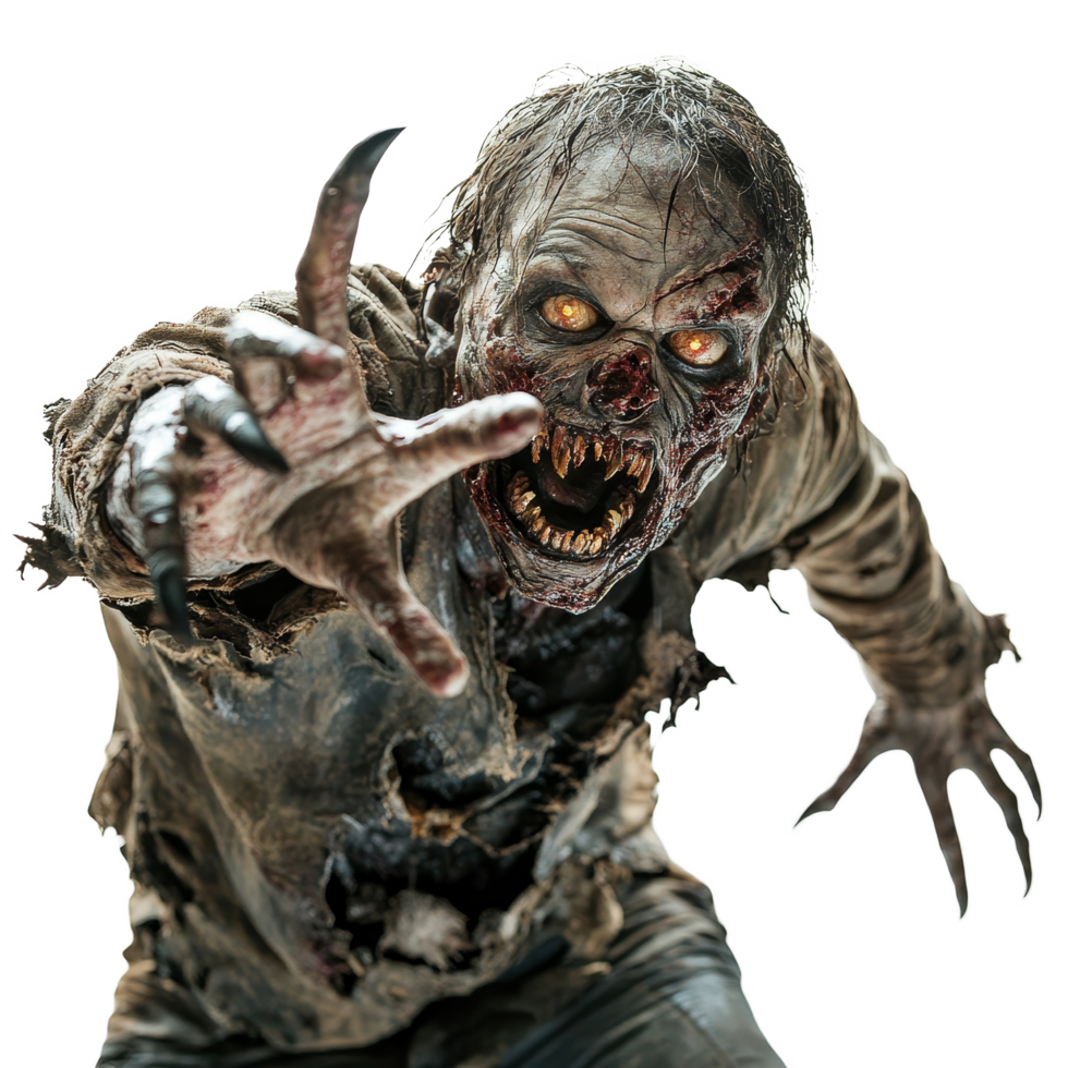 A terrifying zombie with long claws lunges forward against a stark transparent background in a chilling horror atmosphere, Scary Zombie with Claws on transparent background png