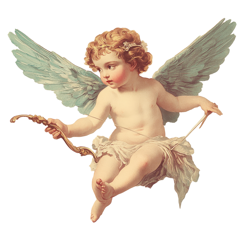 Vintage illustration of a charming Cupid in pastel oil paint, showcasing love and affection in a serene setting, Vintage Cupid Illustration in Pastel Oil Paint Style with transparent background png