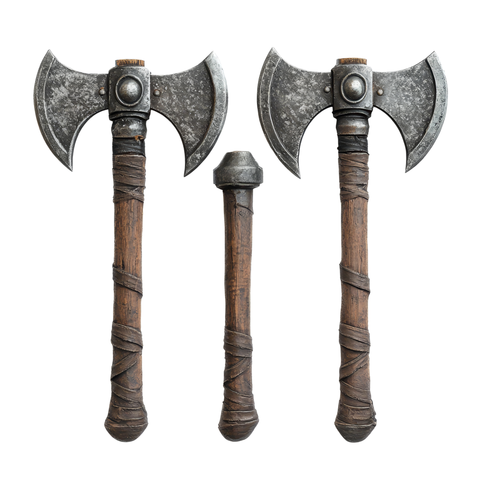 Medieval war axes displayed on a clean transparent background showcasing craftsmanship and historical weaponry, Medieval War Axes on transparent background png