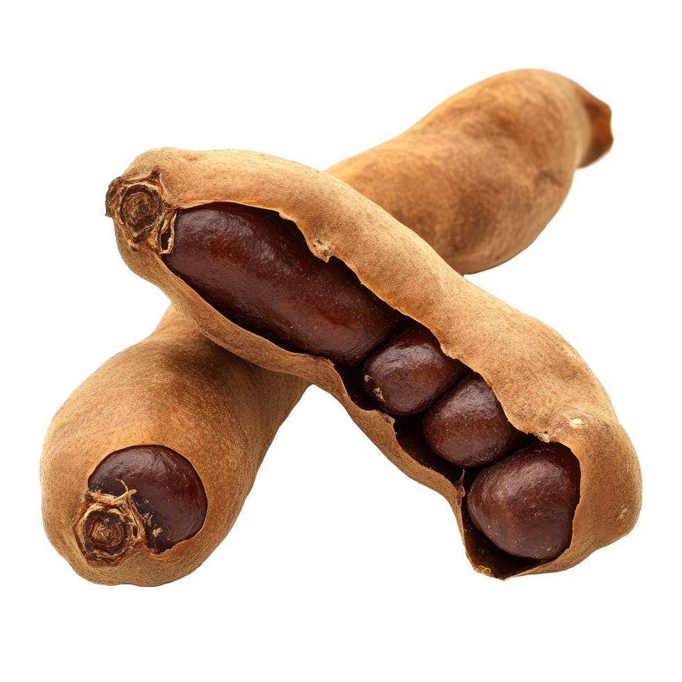 Tamarind fruit pod with seeds, isolated on transparent background showcasing its unique texture and deep brown color, tamarind isolated on transparent background png