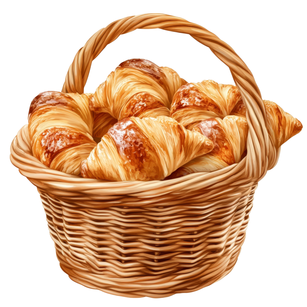 A fresh basket of golden croissants resting on a transparent background, ready for breakfast or brunch, Basket of Croissants on transparent background png