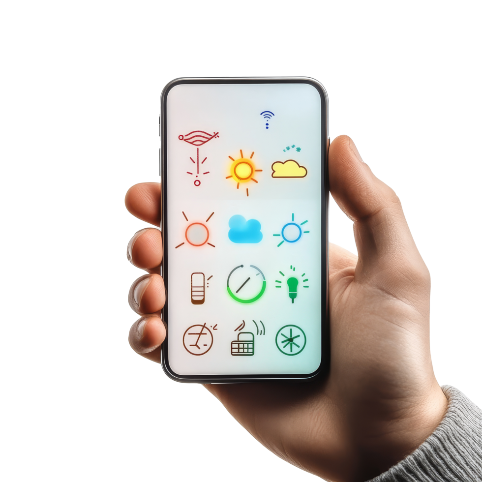 Weather forecast application displayed on smartphone in Lodz, Poland for May conditions, Lodz, Poland May 14 2025 Weather forecast application, mobile app in hand isolated on transparent png