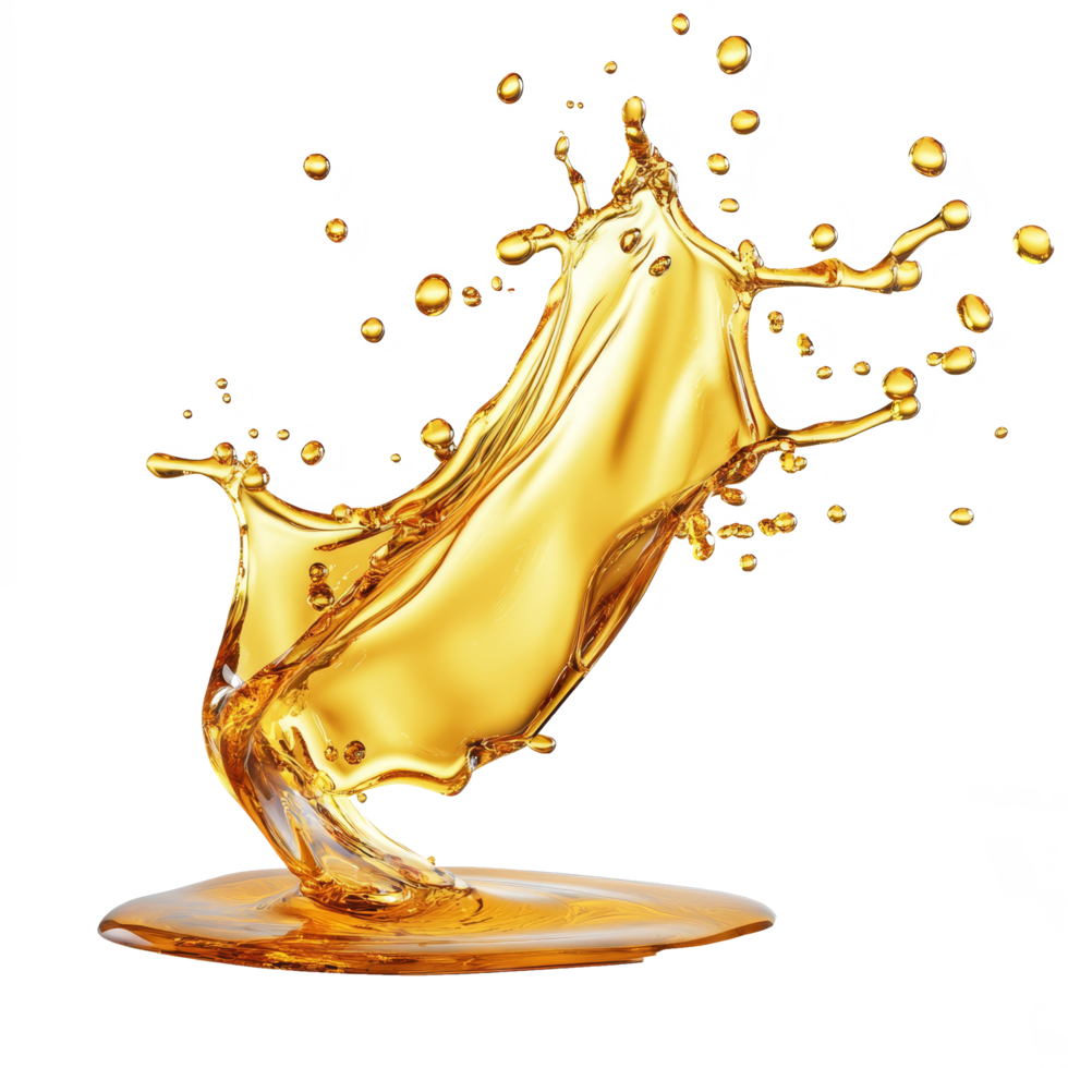 Dynamic splash of golden oil against a clean transparent background, showcasing fluid motion and richness of color, oil splash, 3d render, isolated transparent background png