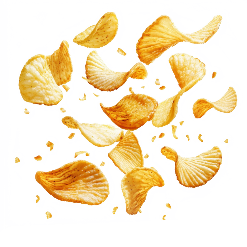 Flying ripple potato chips scattered against a clean transparent background create a fun, appetizing display, Flying ripple potato chips isolated transparent background png