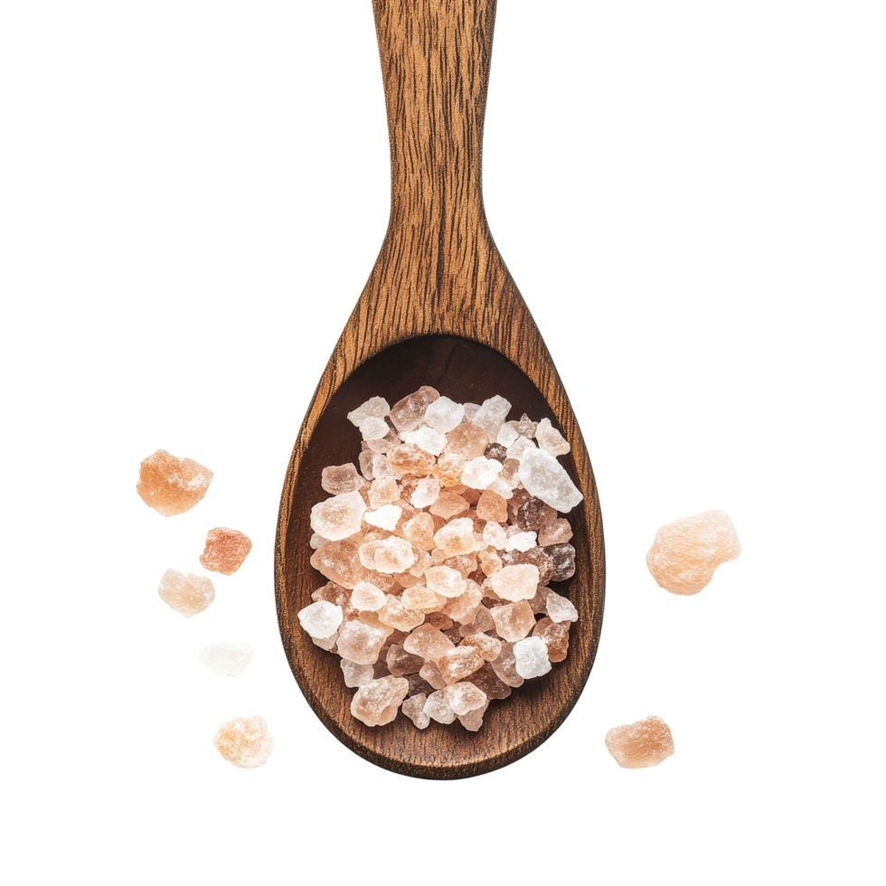 Raw Himalayan salt crystals in a wooden spoon on a neutral background, Himalayan salt raw crystals in wood spoon isolated on transparent background png