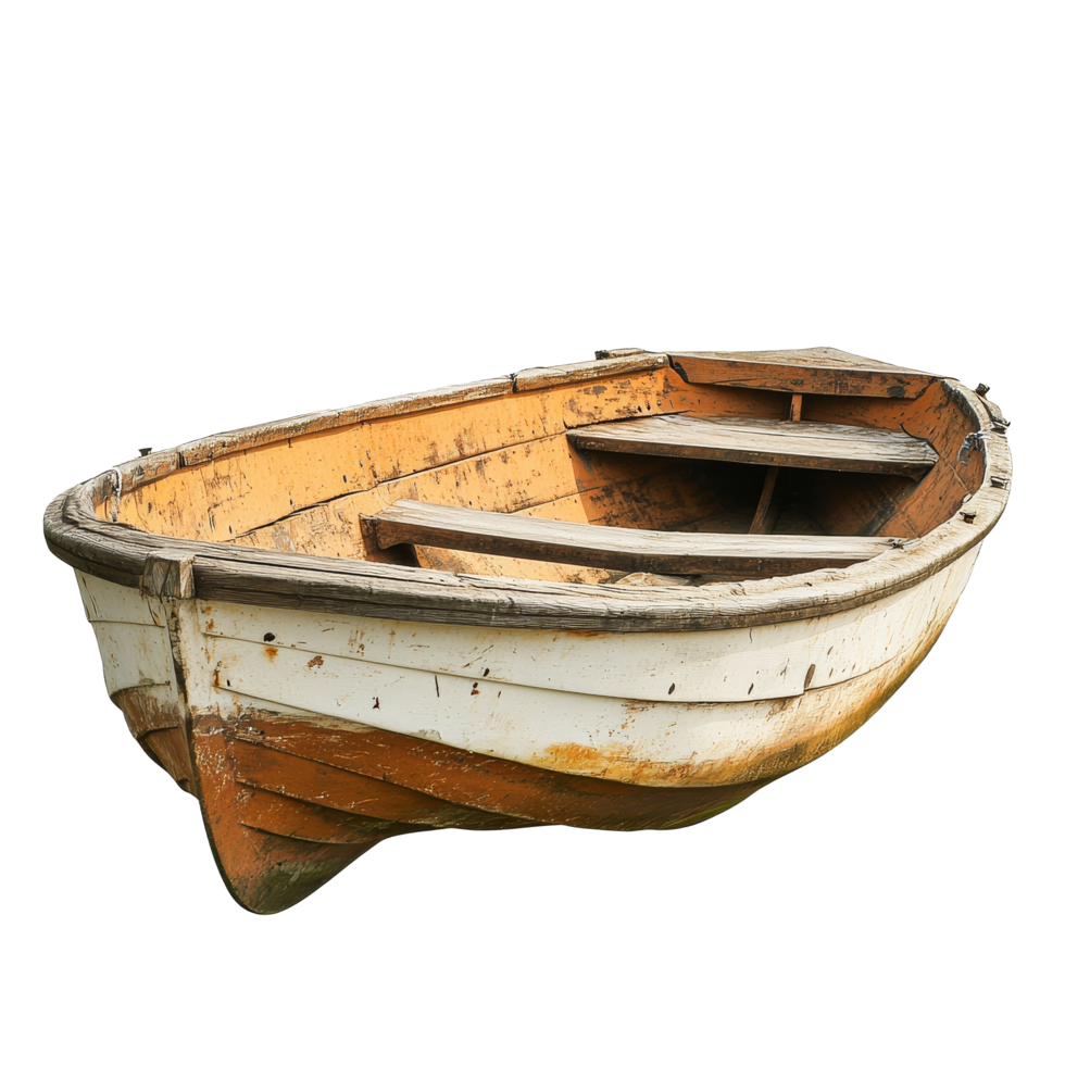 Small wooden boat resting on a transparent background, showcasing its weathered charm and rustic beauty, Small boat isolated on transparent background png