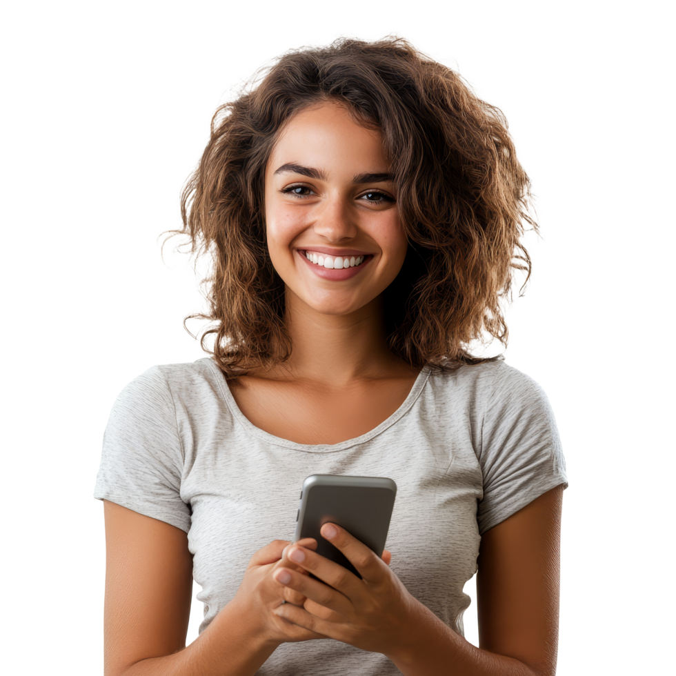Young woman smiling while using mobile phone against a plain transparent background, young happy woman with mobile phone, isolated transparent background png