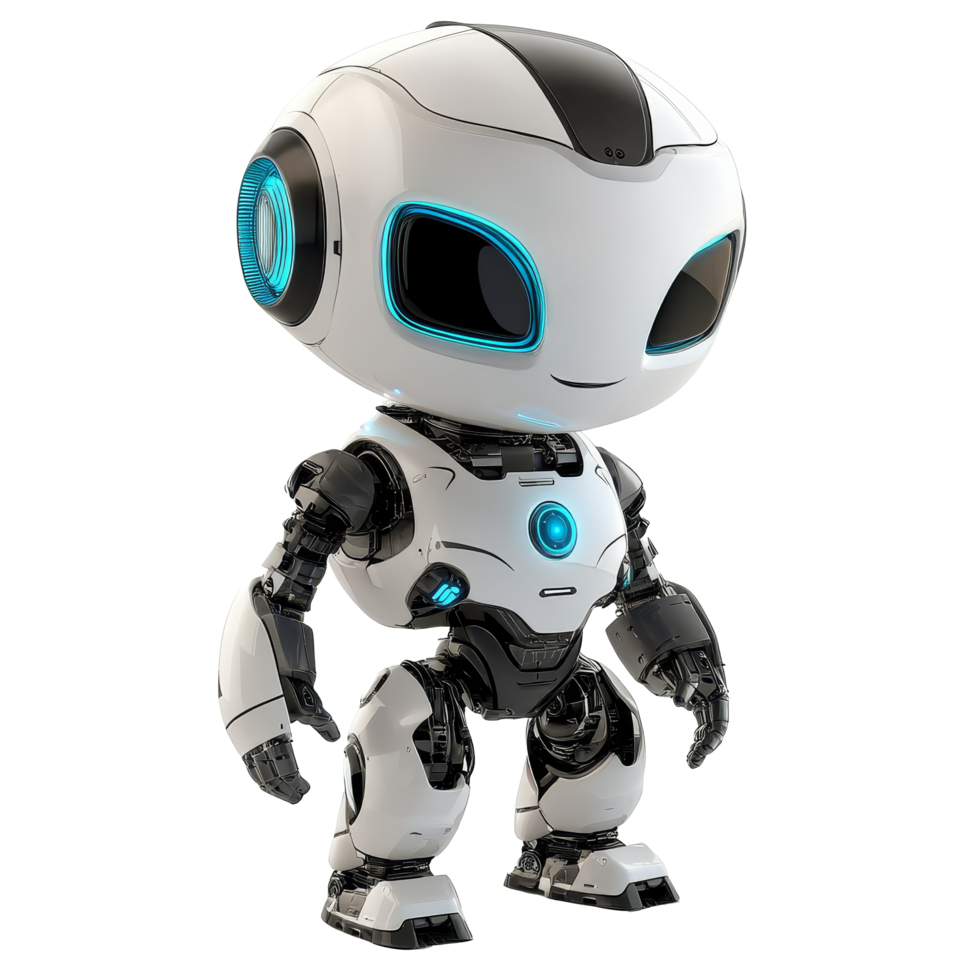 Adorable AI robot character standing on a transparent background with glowing blue accents, Adorable AI Robot Character on transparent background png