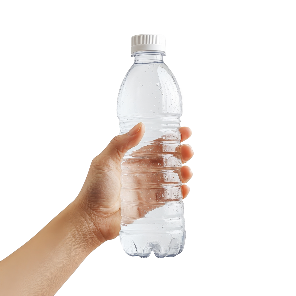 A hand holds a clear water bottle against a simple transparent background in a bright setting, Hand Holding a Water Bottle on transparent background png