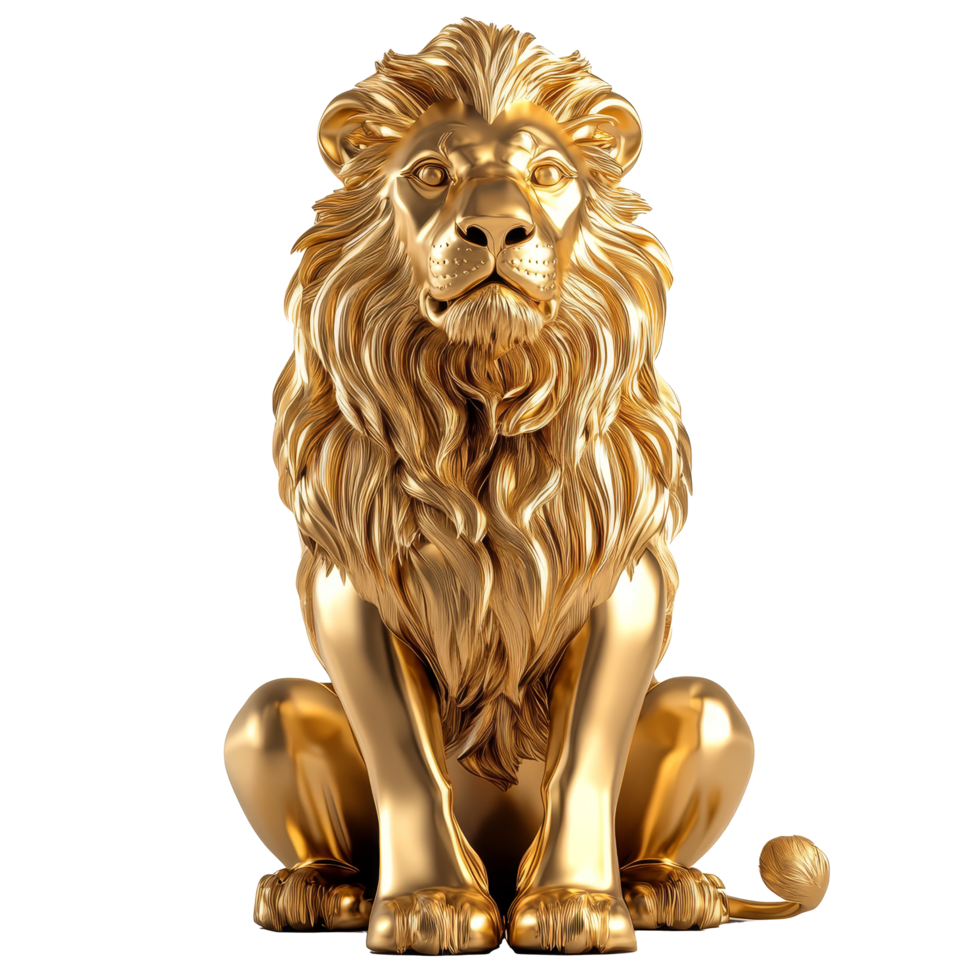 Golden sitting lion sculpture displayed on a pristine transparent background for artistic appreciation and design inspirations, Gold Sitting Lion 3d Sculpture isolated on transparent background png