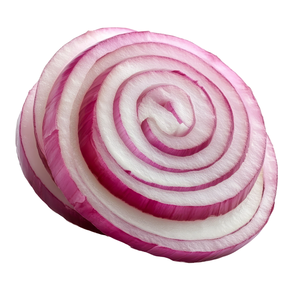 Sliced red onion with concentric rings placed on a clean transparent background ready for culinary use or decoration, Red sliced onion ontransparent background png