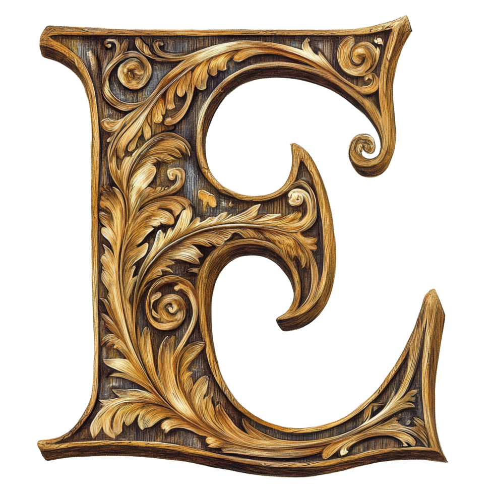Intricate wooden consonant letter E decorated with ornate floral patterns on a transparent background showcasing artistry and craftsmanship, consonant letter e is used to make words on transparent backgroundfile png