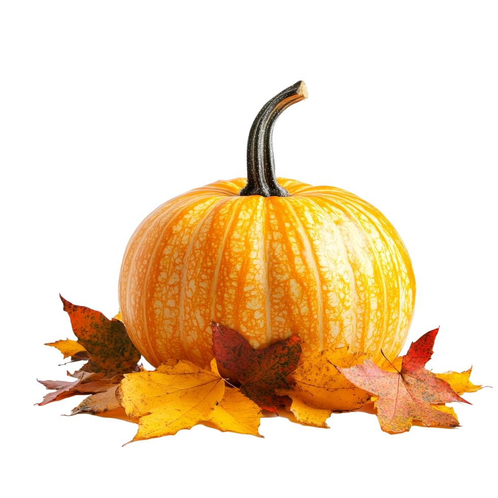 Autumn pumpkin surrounded by colorful leaves on a clean transparent background, Autumn pumpkin with leaves transparent background png