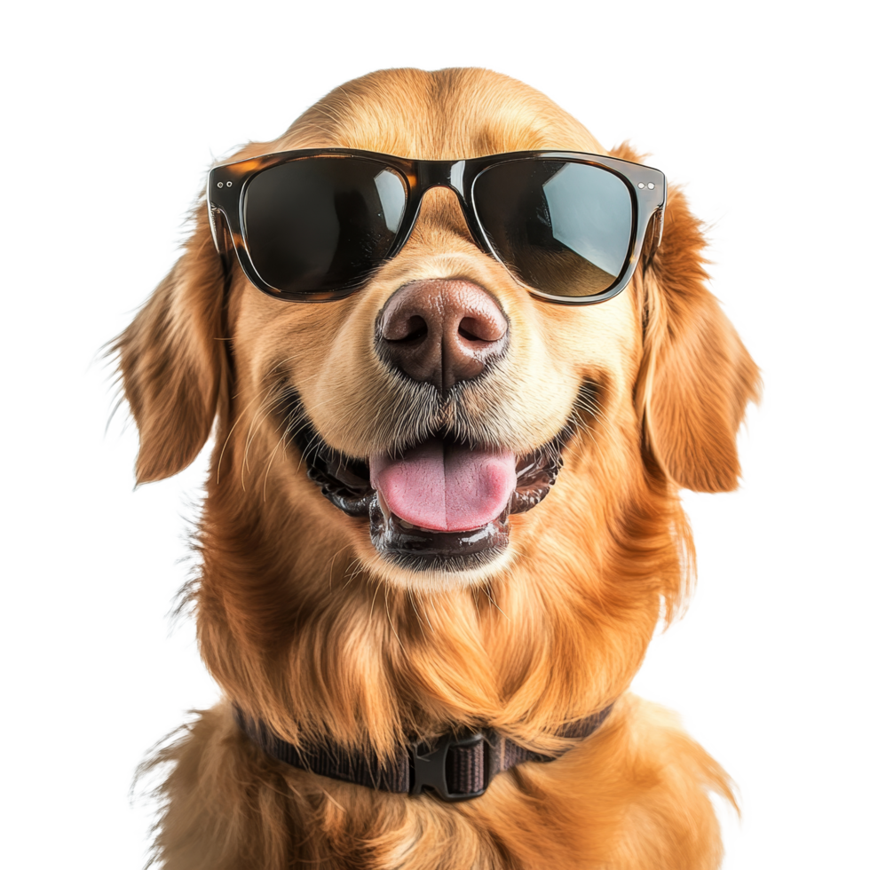 A cheerful dog wearing sunglasses poses playfully against a bright transparent background on a sunny day, Funny dog wearing sunglasses on transparent background png