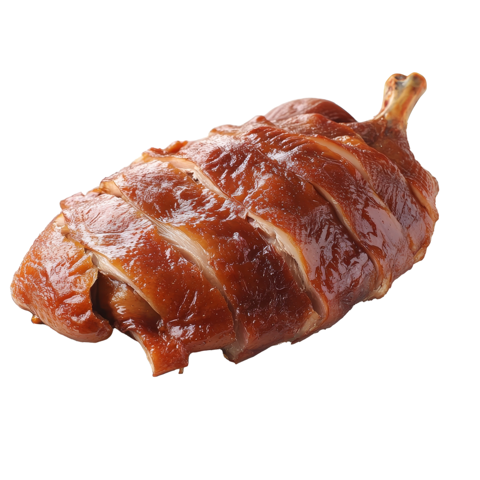 Deliciously roasted Peking duck served on a plate against a clean transparent background, Peking duck on plate isolated on transparent background png