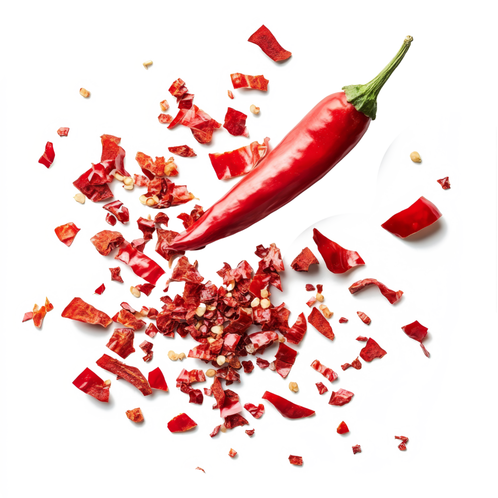 Crushed red chili pepper pieces scattered around a whole pepper on a transparent background, Red chili pepper crushed into pieces isolated on transparent background png
